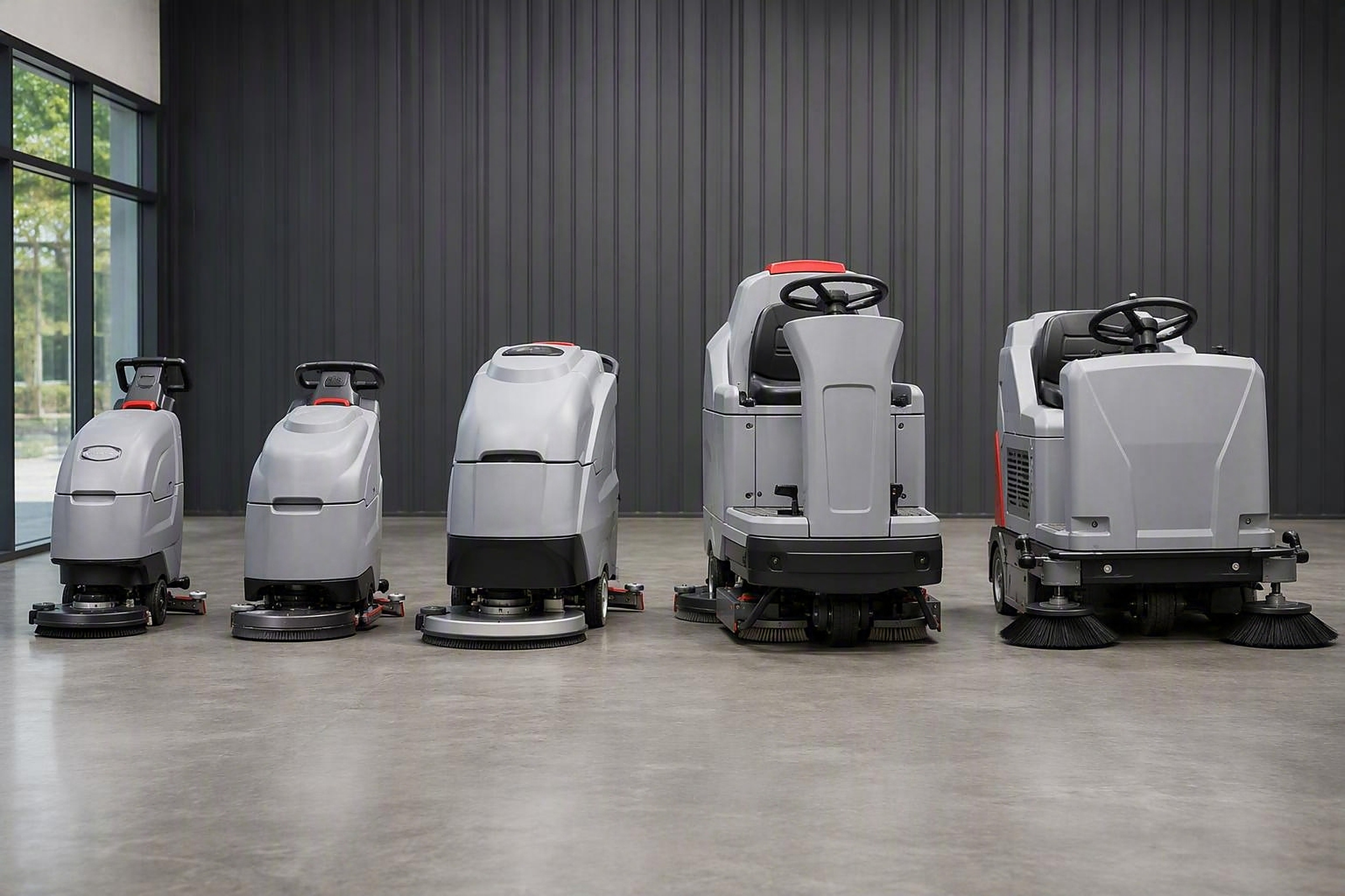 Illustrative lineup of commercial floor scrubbers and sweepers